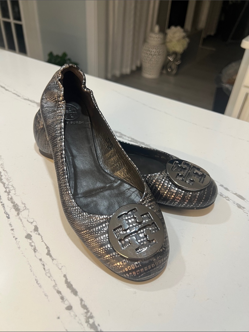 Tory Burch Metallic Gunmetal Logo Ballet Flats